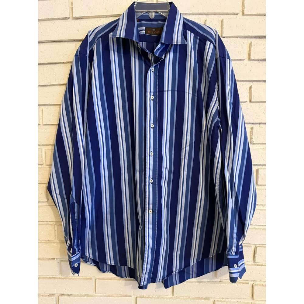 Etro Milano Mens Shirt Sz 46 XXL 18"  Bold Blue Striped Italian Cotton Luxury